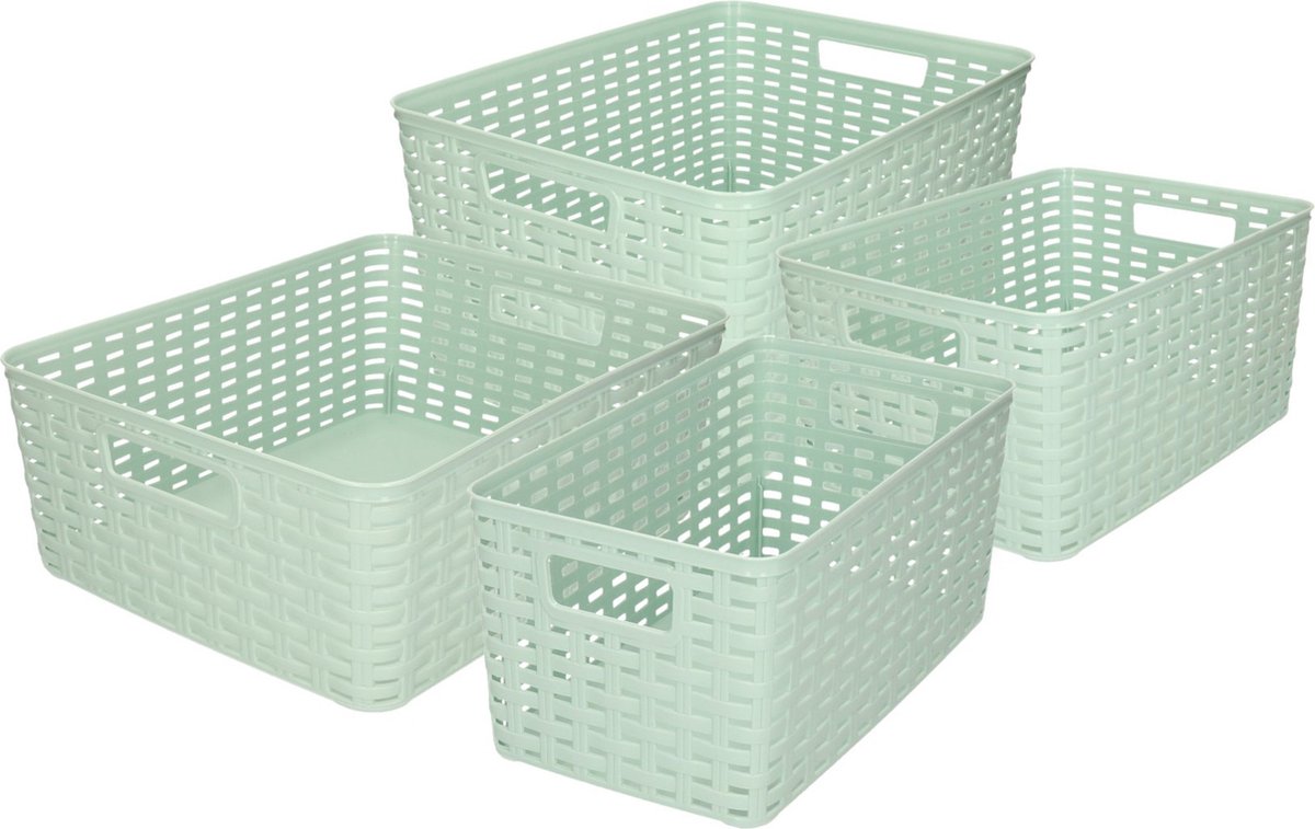 Forte Plastics Set Van 4x Stuks Opbergboxen/opbergmandjes Rotan Mint Kunststof - Opbergbox - Groen