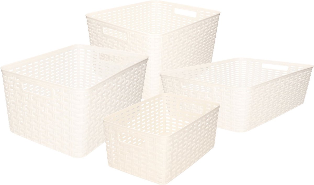 Forte Plastics Set Van 4x Stuks Opbergboxen/opbergmandjes Rotan Parel Kunststof - Opbergbox - Wit