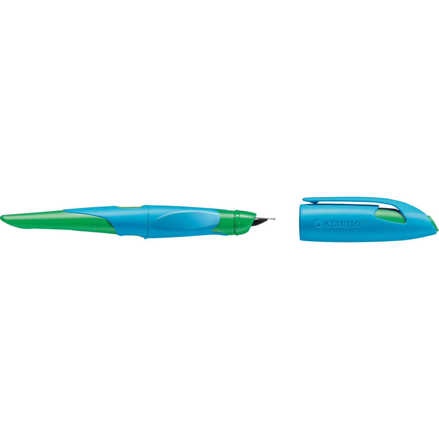 Huismerk Ergonomische Schoolpen Stabilo Easybirdy, A, Hemels/grasgroen, Linkshandig. - Blauw