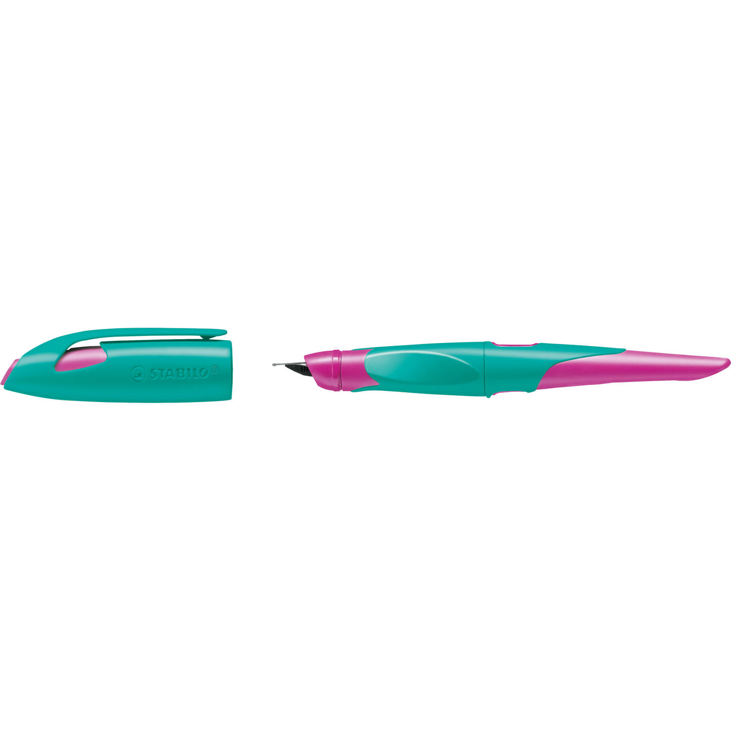 Huismerk Ergonomische Schoolpen Stabilo Easybirdy, A, Trkis/neonpink, Rechtshandig.