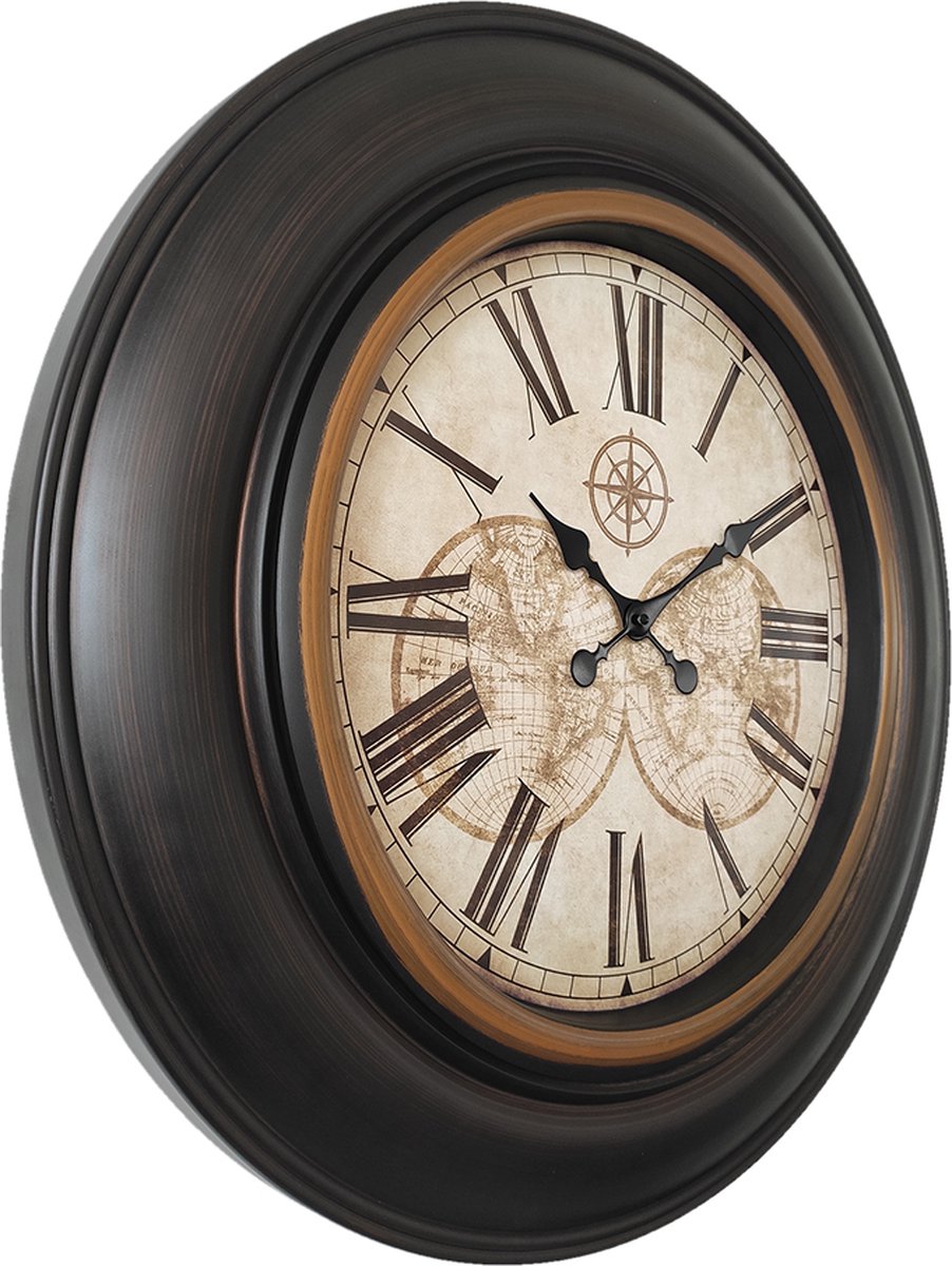 Clayre & Eef Wandklok Ø 76 Cm Beige Kunststof Rond Wereldbol Muurklok Hangklok Keukenklok Muurklok Hangklok - Bruin