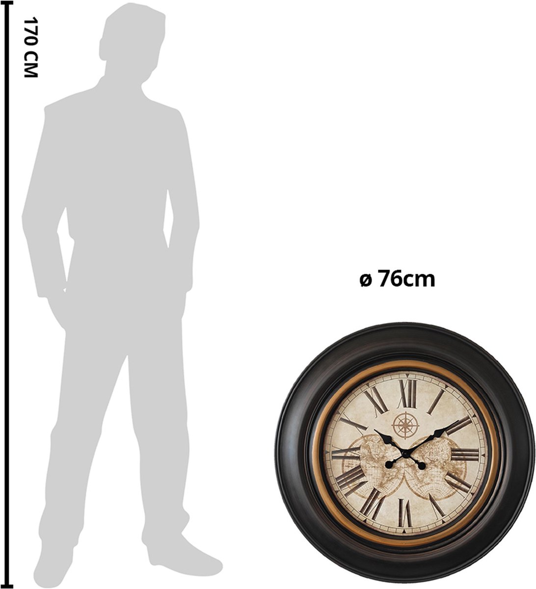 Clayre & Eef Wandklok Ø 76 Cm Beige Kunststof Rond Wereldbol Muurklok Hangklok Keukenklok Muurklok Hangklok - Bruin