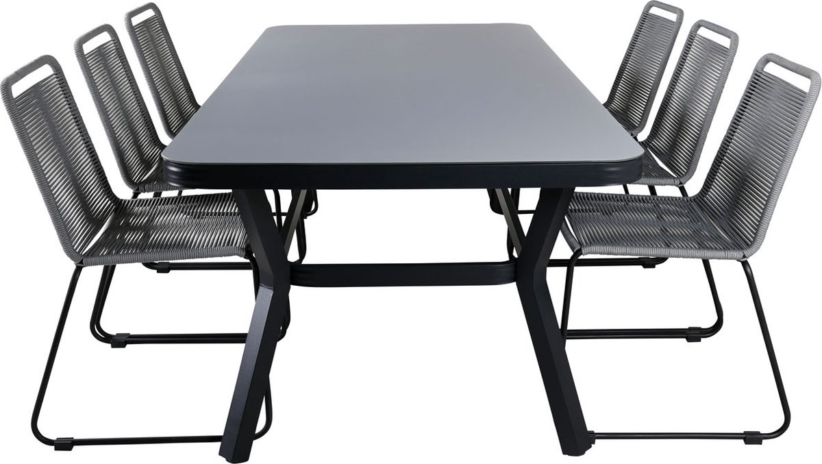 Virya Tuinmeubelset Tafel 100x200cm En 6 Stoel Lindos, Grijs. - Zwart