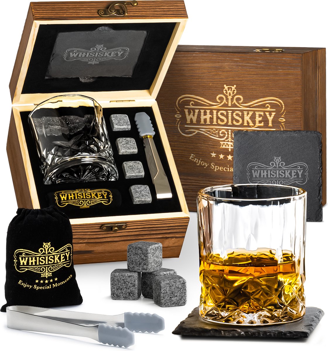 Whisiskey Luxe Whiskey Set - Incl. Whiskey Glas, 6 Whiskey Stones, Onderzetter, Opbergzak, Opbergbox - Whisky Cadeauset