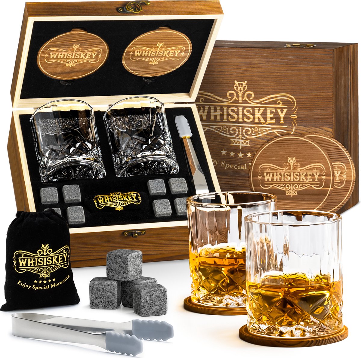 Whisiskey Luxe Whiskey Set - Incl. 2 Whiskey Glazen, 8 Whiskey Stones, 2 Onderzetters, Fluwelen Opbergzak, Opbergbox