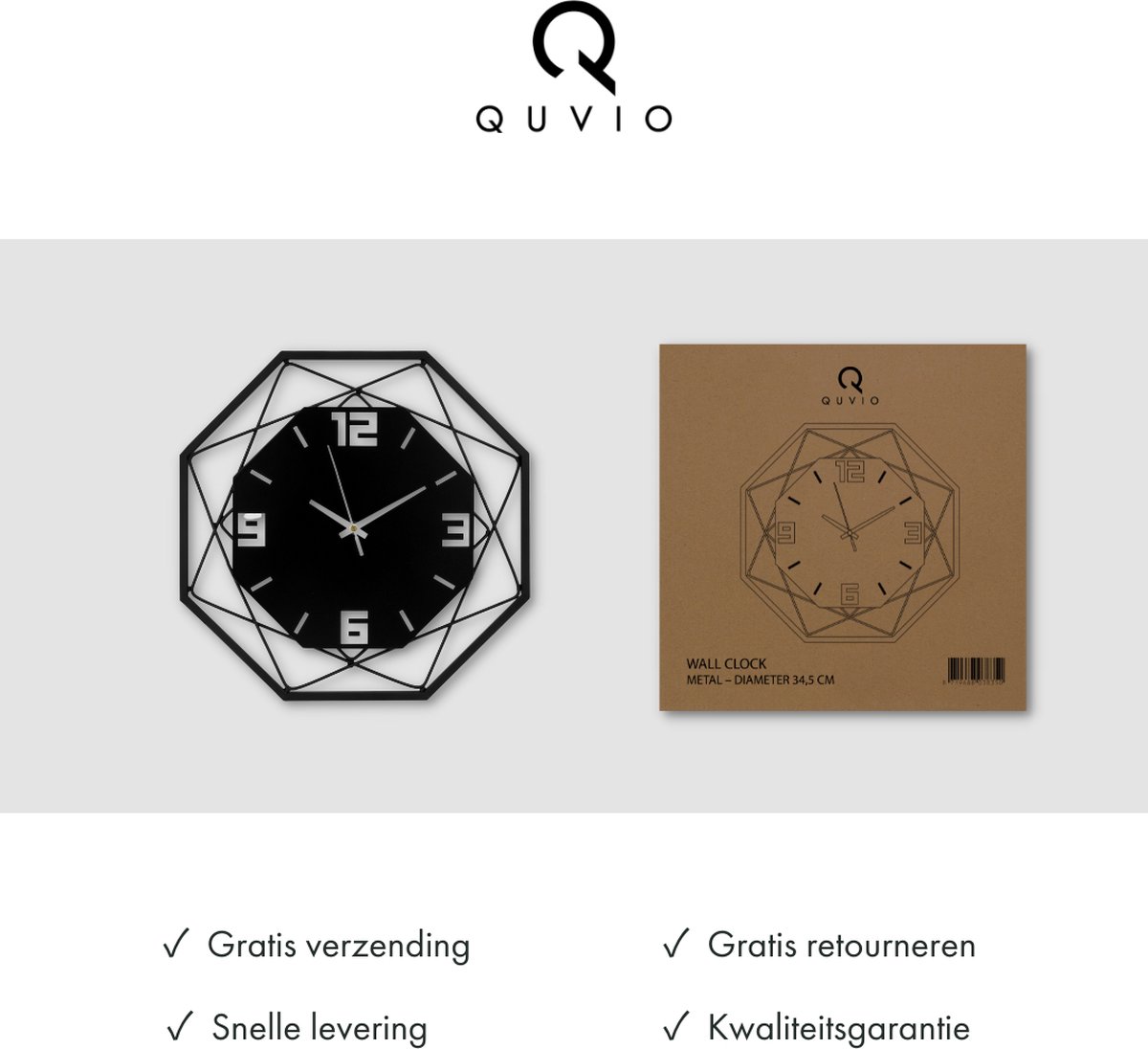 Quvio Wandklok Abstract - Metaal - - Zwart