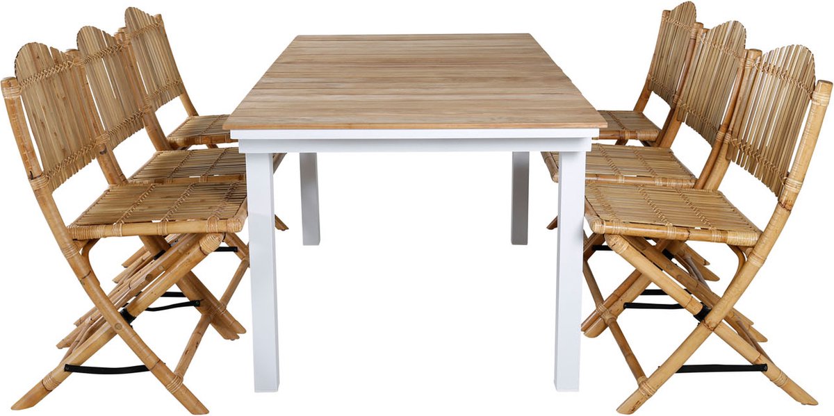 Mexico Tuinmeubelset Tafel 90x180/240cm En 6 Stoel Cane Licht, Naturel. - Grijs