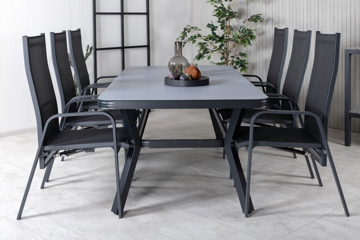 Virya Tuinmeubelset Tafel 100x200cm En 6 Stoel Copacabana, Grijs. - Zwart