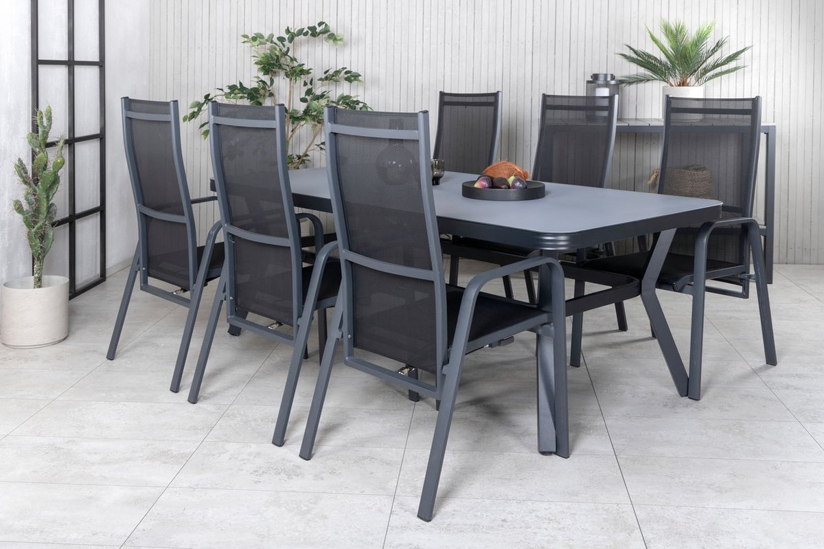 Virya Tuinmeubelset Tafel 100x200cm En 6 Stoel Copacabana, Grijs. - Zwart