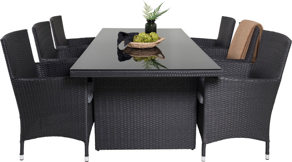 Padova Tuinmeubelset Tafel 100x200cm En 6 Stoel Malin. - Zwart