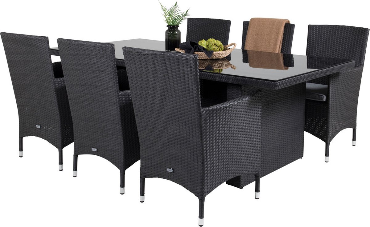 Padova Tuinmeubelset Tafel 100x200cm En 6 Stoel Malin. - Zwart