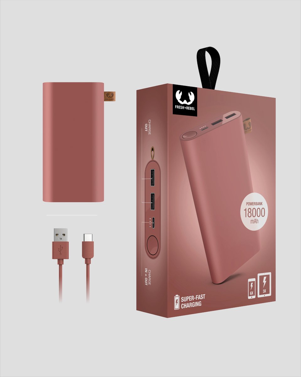Fresh 'n Rebel Powerbank 18.000 mAh USB-C Safari Red - Rood