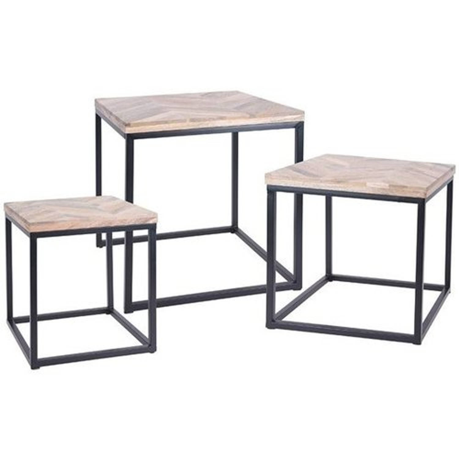 Relaxwonen - Bijzettafel - Set Van 3 - Vierkant - Metalen Onderstel - Houten Bladen - 40.5x40.5x45cm - Negro