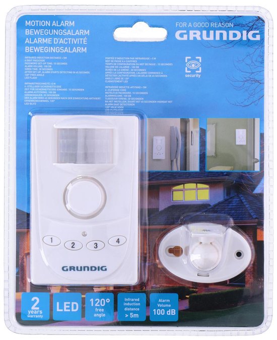 Grundig Draadloze Bewegingsmelder Met Alarm - 4 Cijferige Code - 100 Db Sirene - 5 Meter Bereik