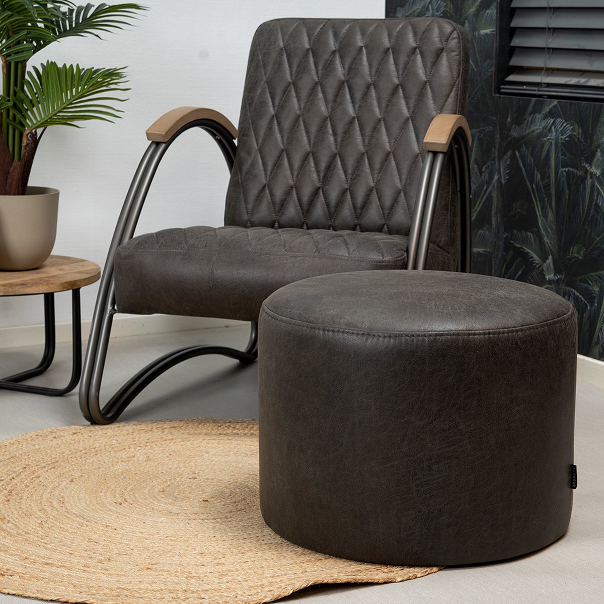 Bronx71 Eco-leren Poef Kyla Antraciet. - Grijs