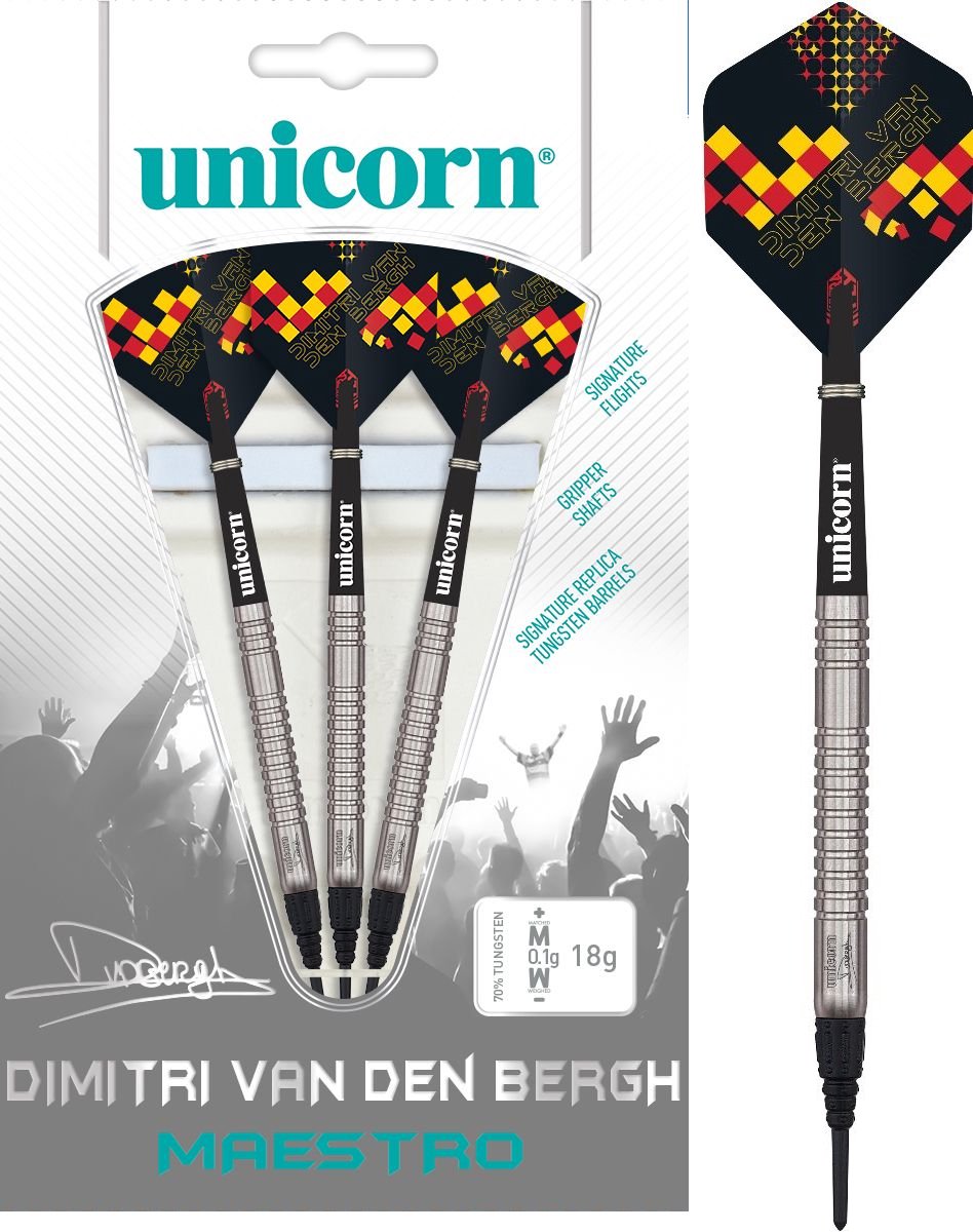 Unicorn Dartpijlen Maestro Dimitri V/d Bergh Softtip 18g Zilver