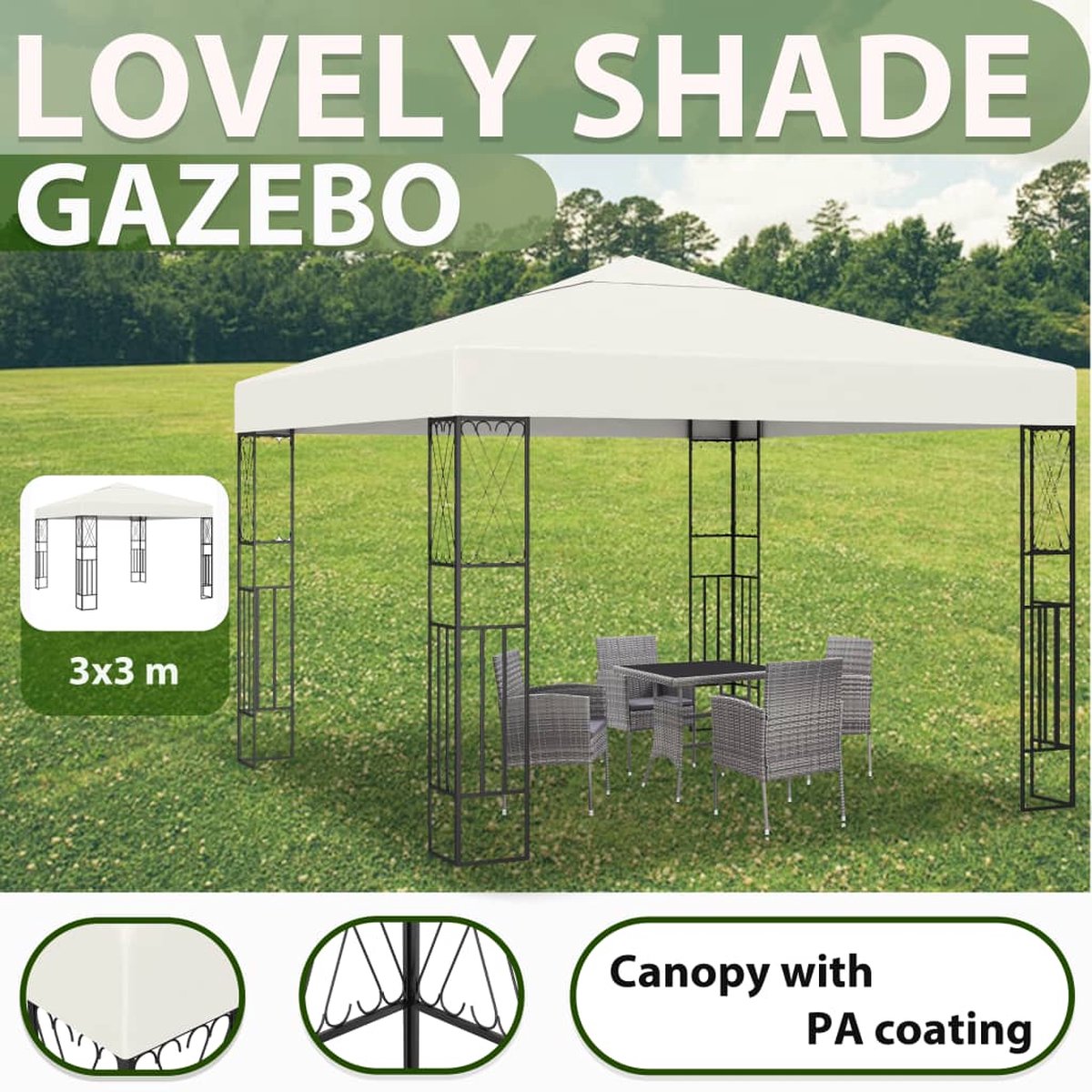 Vidaxl Prieel Met Led-lichtslinger 3x3 M Stof Crèmekleurig