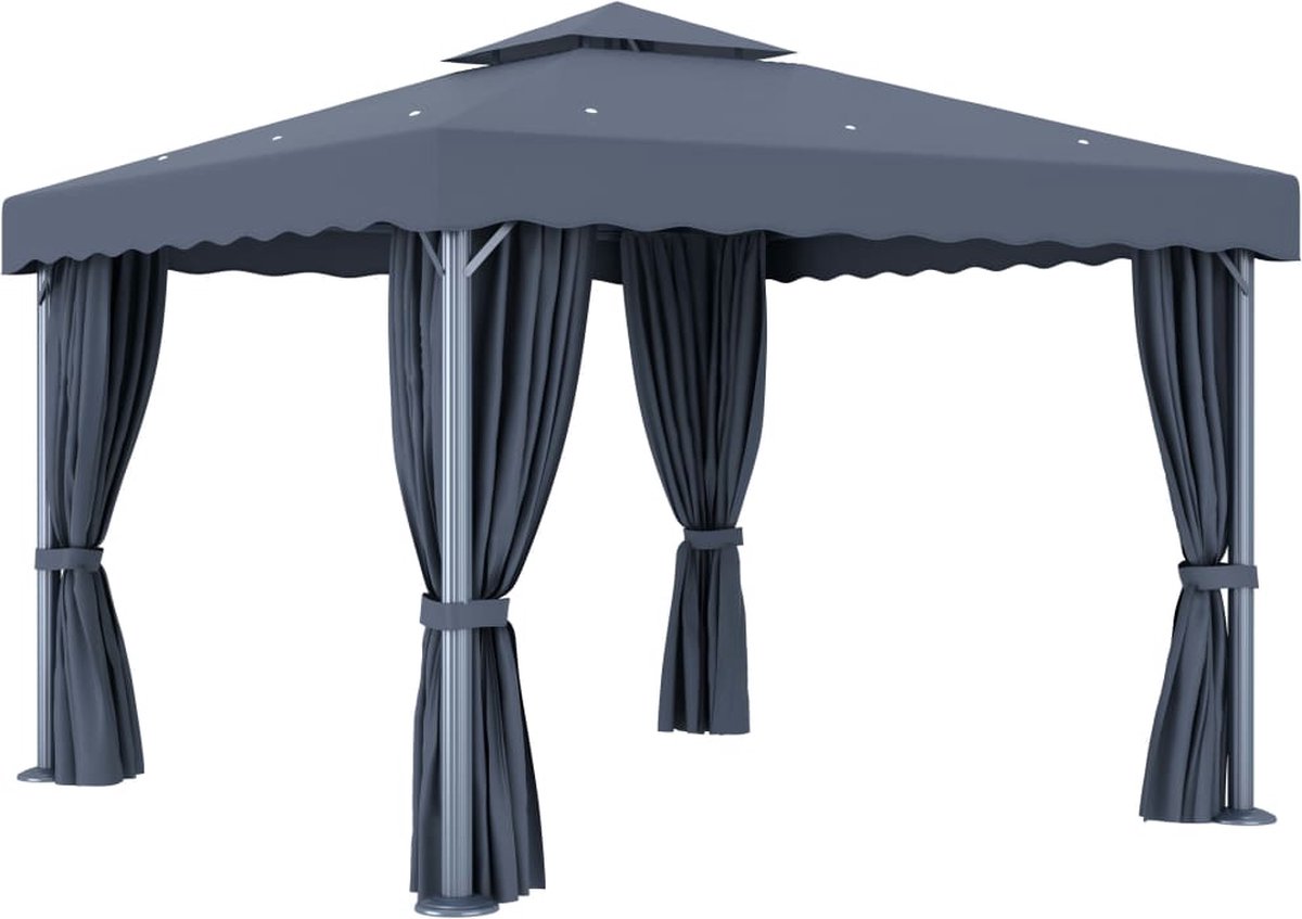 Vidaxl Prieel Met Gordijn En Led-lichtslinger 3x3 M Antracietkleurig - Grijs