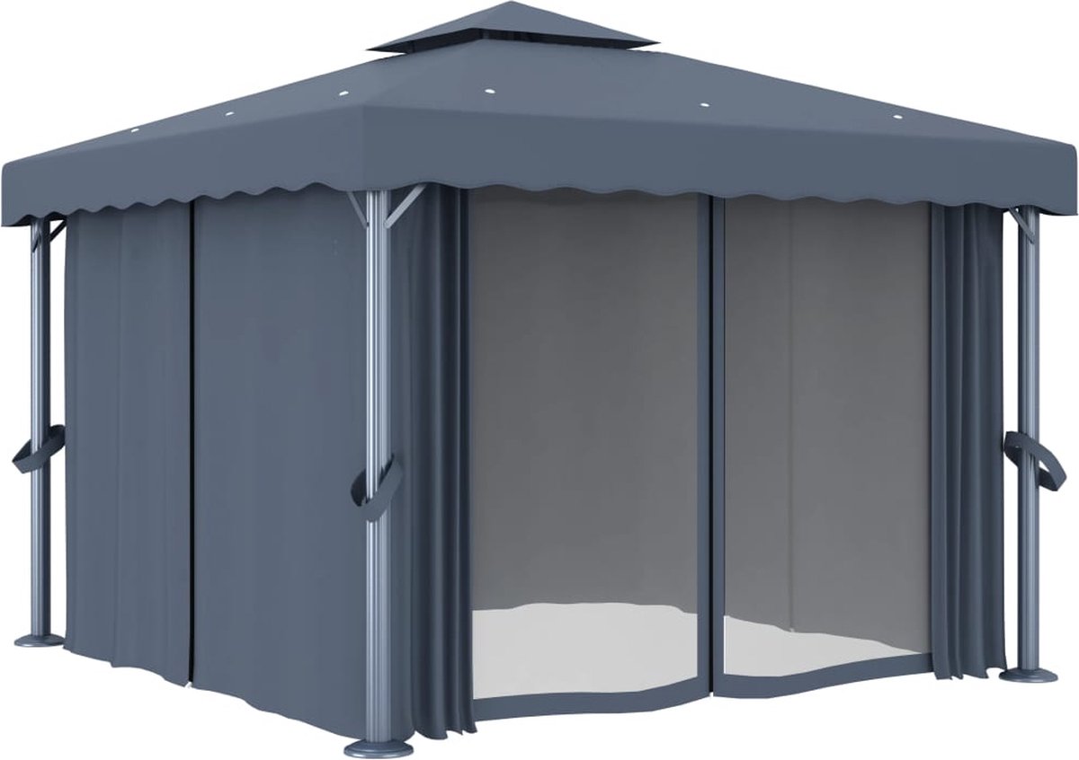 Vidaxl Prieel Met Gordijn En Led-lichtslinger 3x3 M Antracietkleurig - Grijs