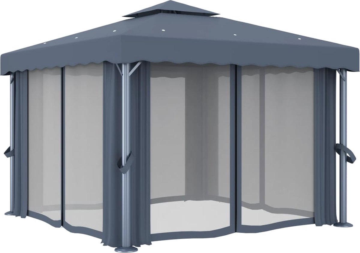 Vidaxl Prieel Met Gordijn En Led-lichtslinger 3x3 M Antracietkleurig - Grijs