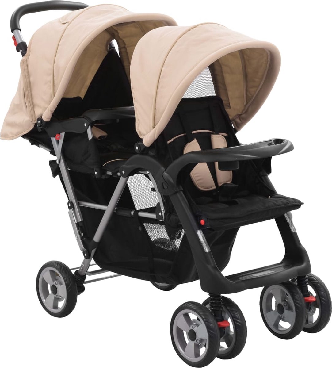 Vidaxl Kinderwagen Dubbel Staal Taupe En - Zwart