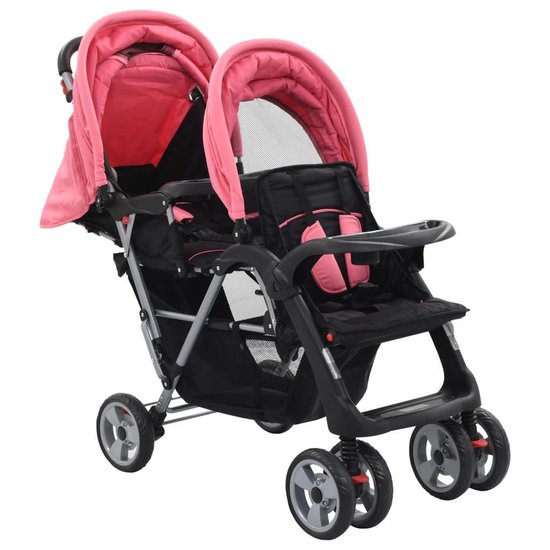Vidaxl Kinderwagen Dubbel Staal En Zwart - Roze