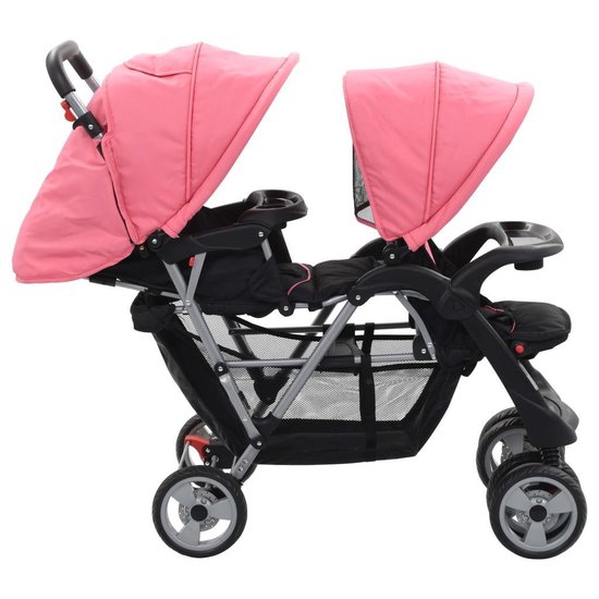 Vidaxl Kinderwagen Dubbel Staal En Zwart - Roze