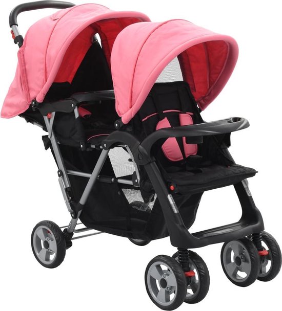 Vidaxl Kinderwagen Dubbel Staal En Zwart - Roze