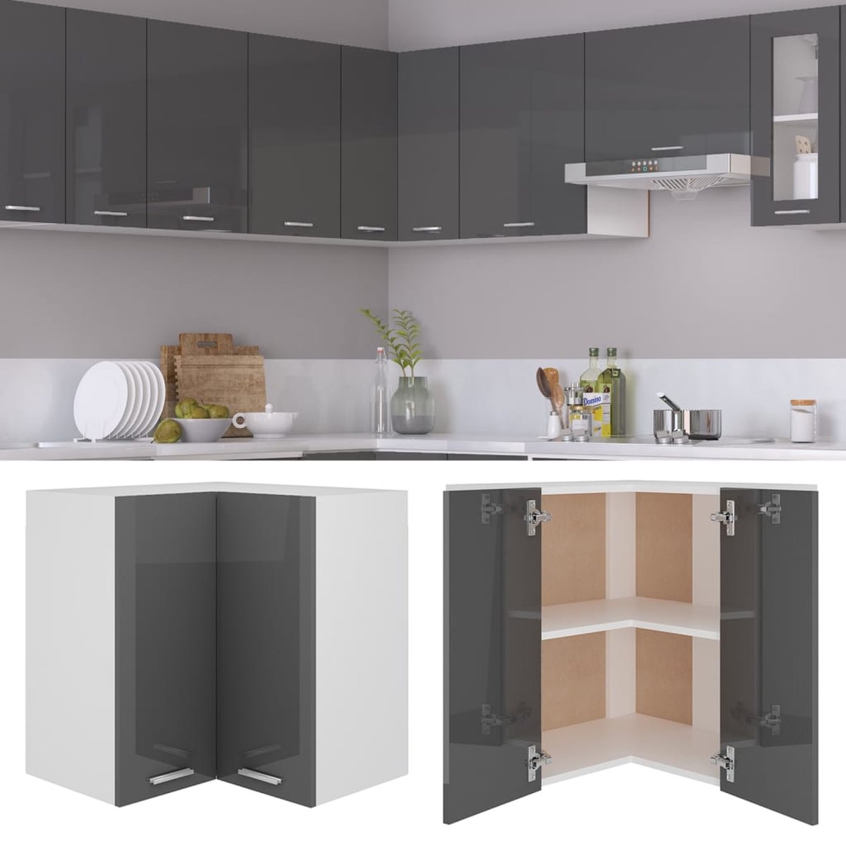 Vidaxl Hanghoekkast 57x57x60 Cm Spaanplaat Hoogglans - Grijs