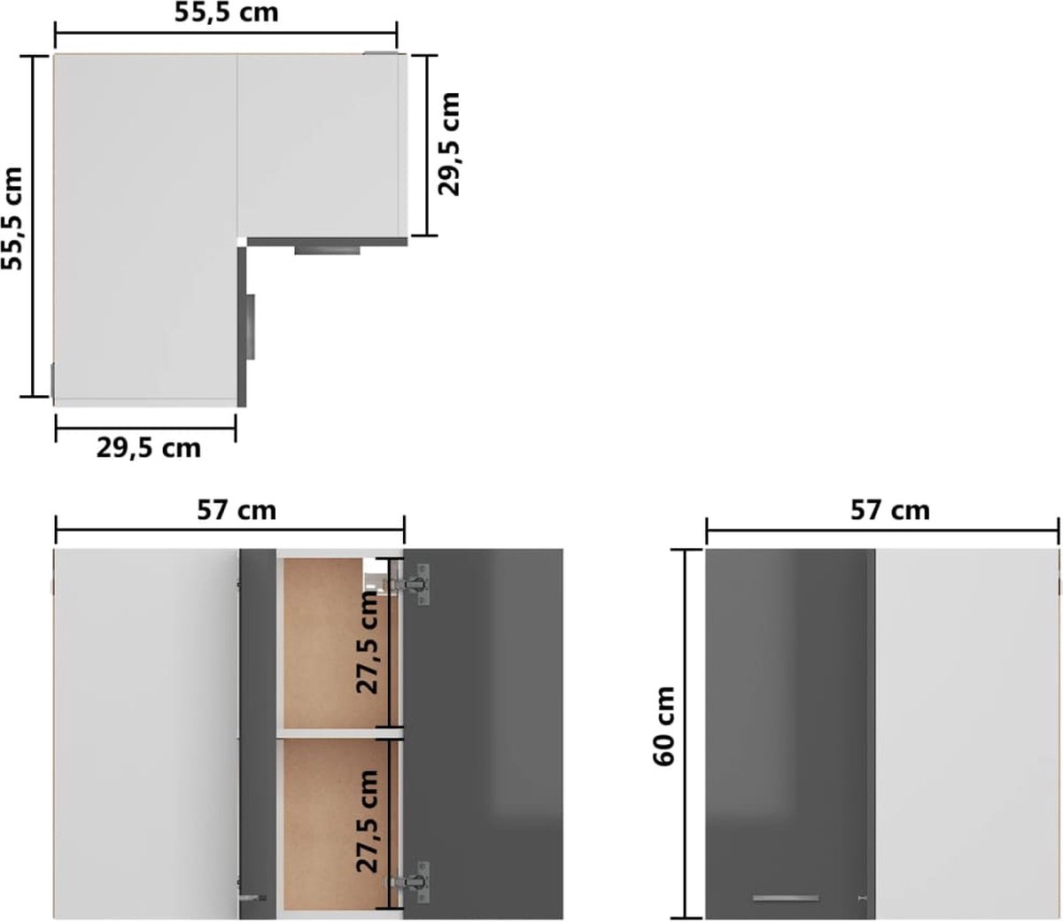 Vidaxl Hanghoekkast 57x57x60 Cm Spaanplaat Hoogglans - Grijs