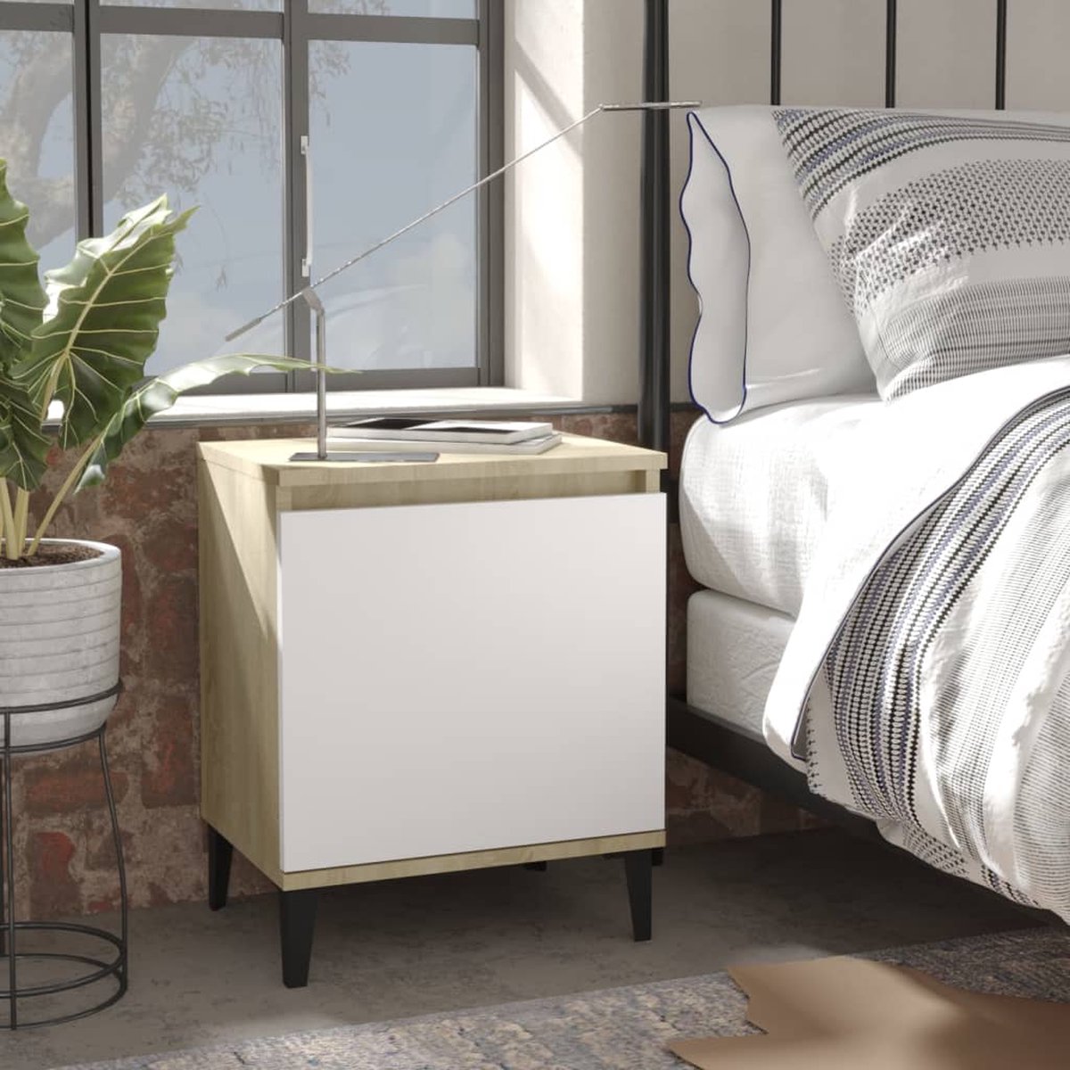 Vidaxl Nachtkastje Met Metalen Poten 40x30x50 Cm Sonoma Eikenkleur Wit - Bruin
