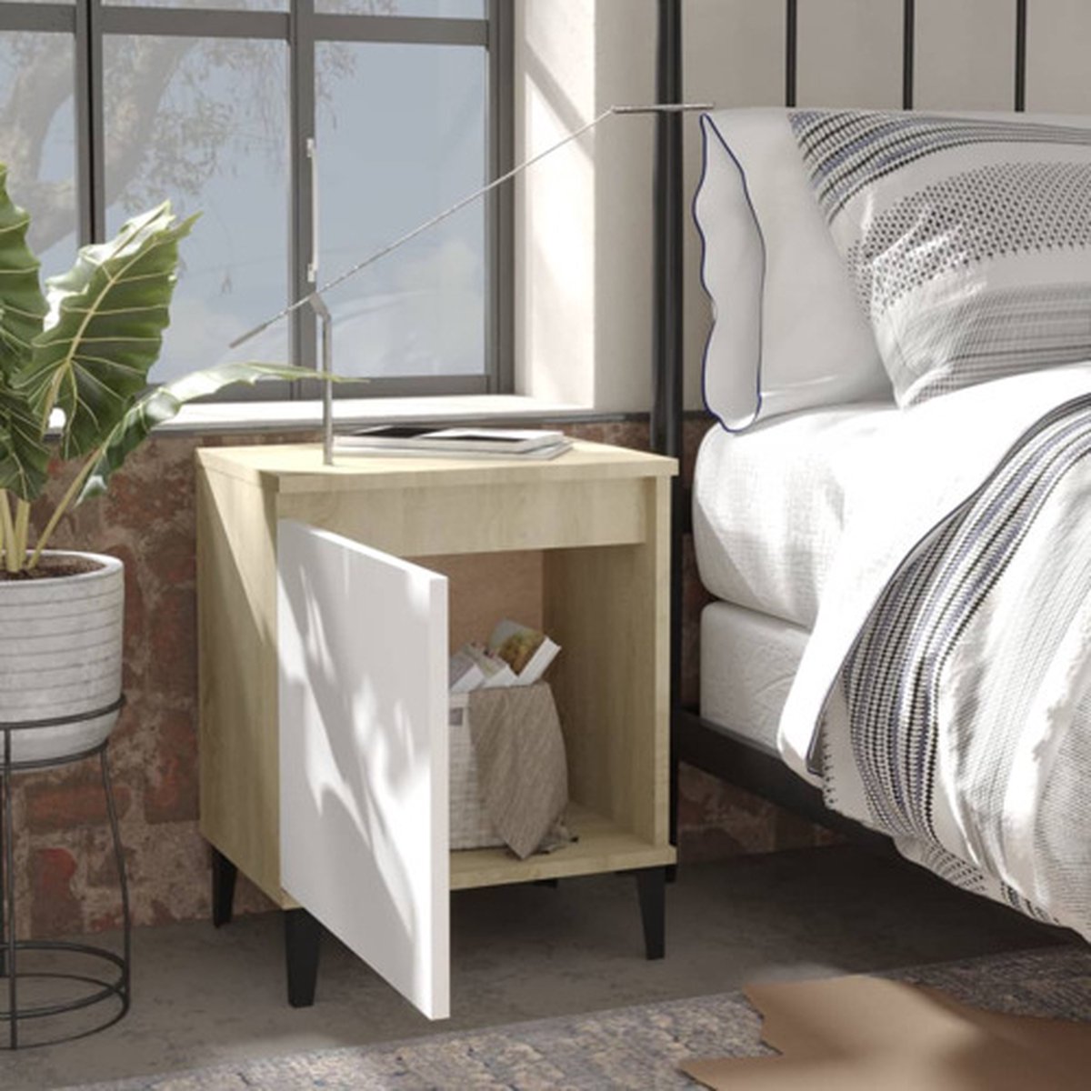 Vidaxl Nachtkastje Met Metalen Poten 40x30x50 Cm Sonoma Eikenkleur Wit - Bruin