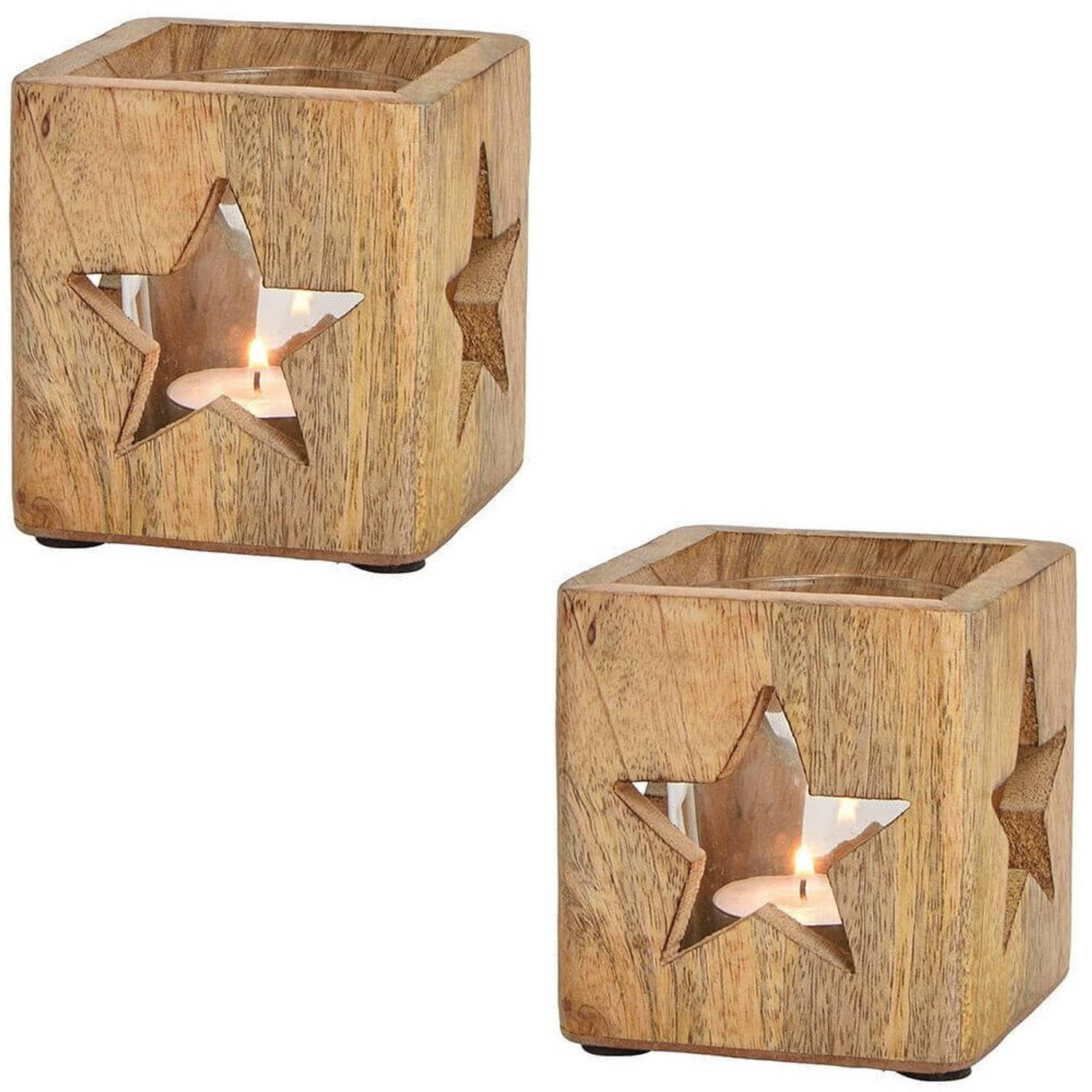 Bellatio Decorations 2x Stuks Houten Windlichtjes / Theelichthouders Met Sterren 9 Cm - Waxinelichtjeshouders - Bruin