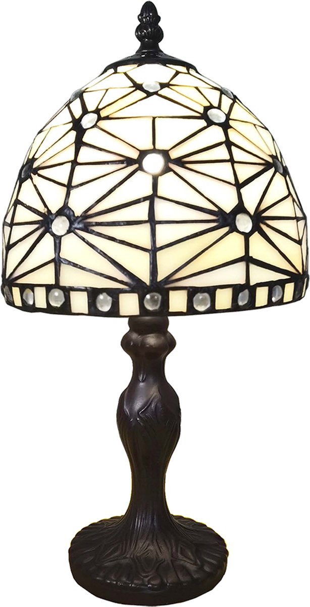 Clayre & Eef Lumilamp Tiffany Tafellamp Ø 18*33 Cm Kunststof Glas Tiffany Bureaulamp Tiffany Lampen Glas In Lood - Beige