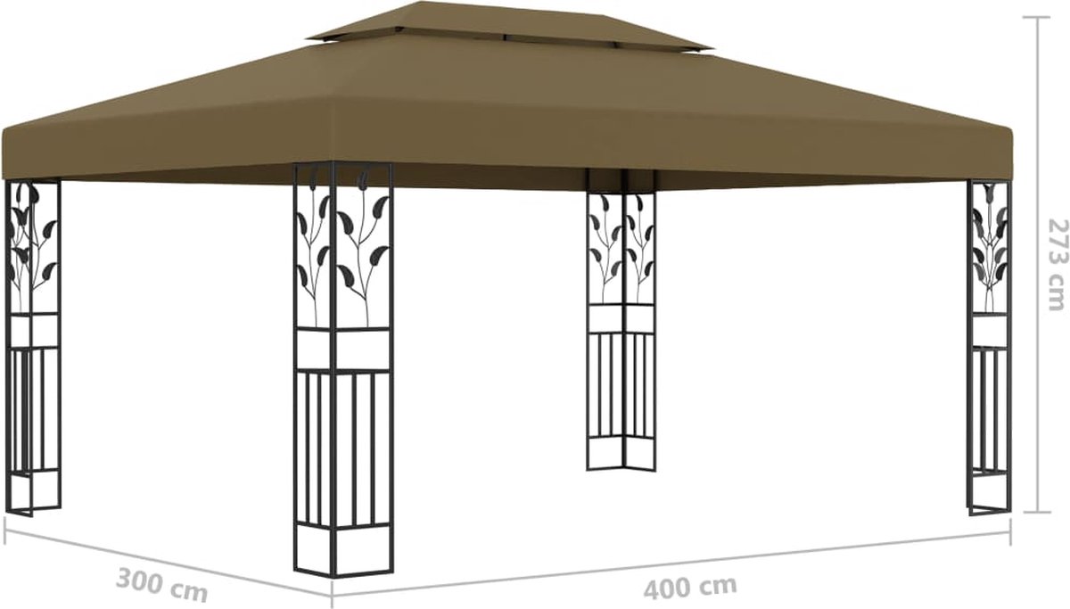 Vidaxl Prieel Met Dubbel Dak En Led-lichtslinger 3x4 M Taupe
