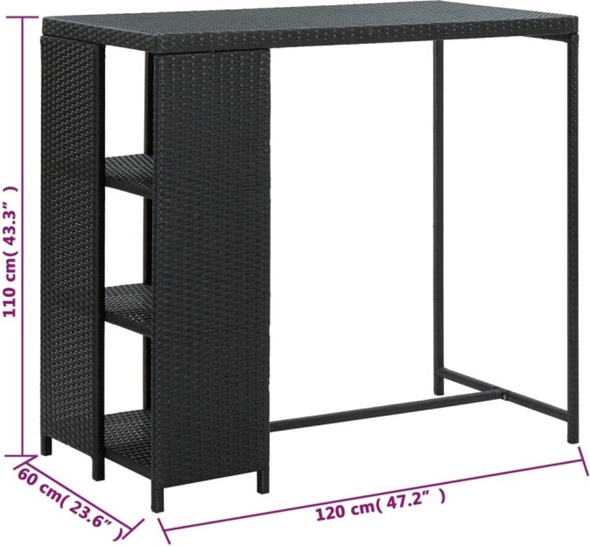 Vidaxl Bartafel Met Opbergrek 120x60x110 Cm Poly Rattan - Zwart