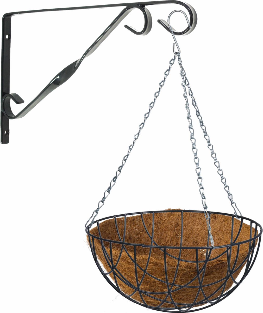 Hanging Basket Met Klassieke Muurhaak Grijs En Kokos Inlegvel - Metaal - Complete Hanging Basket Set - Plantenbakken - Groen