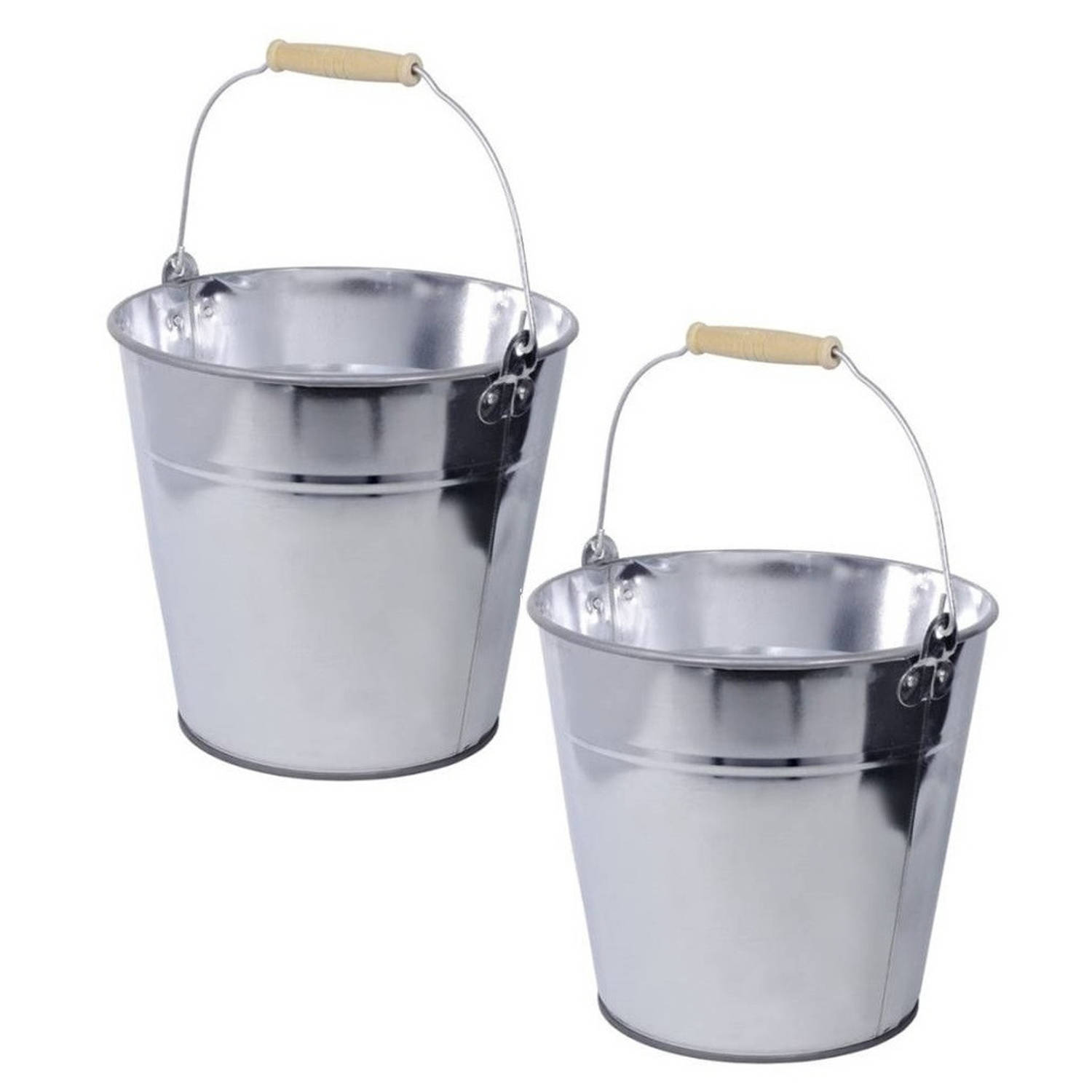 Set Van 2x Stuks Zinken Emmer/plantenpot Zilver Met Houten Handvat 8 Liter - Ijzeren Emmer / Teil - Silver