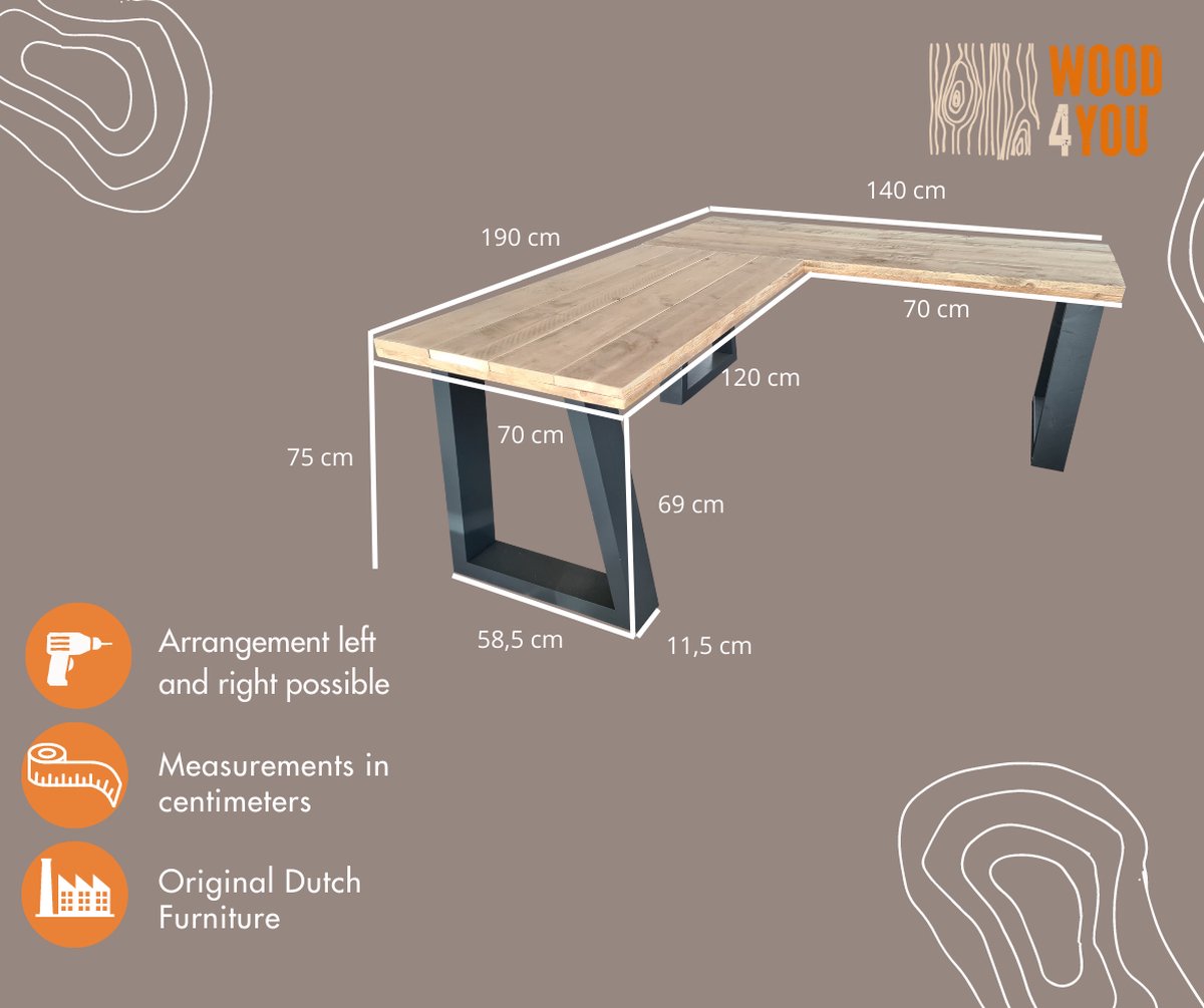 Wood4you Hoekbureau Vancouver Steigerhout 190/140lx74dx75h Antraciet