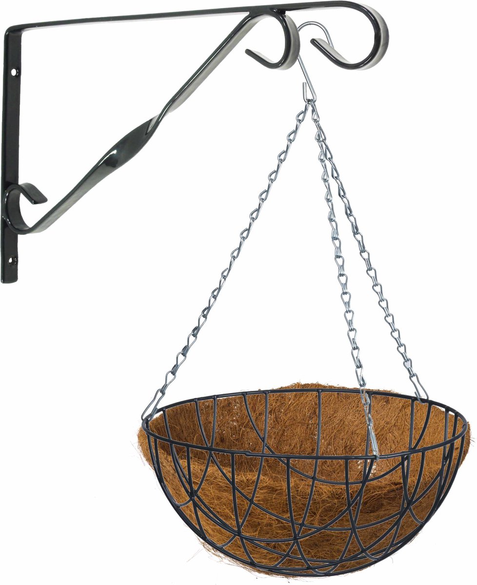 Hanging Basket 35 Cm Met Klassieke Muurhaak Zwart En Kokos Inlegvel - Metaal - Complete Hangmand Set - Plantenbakken