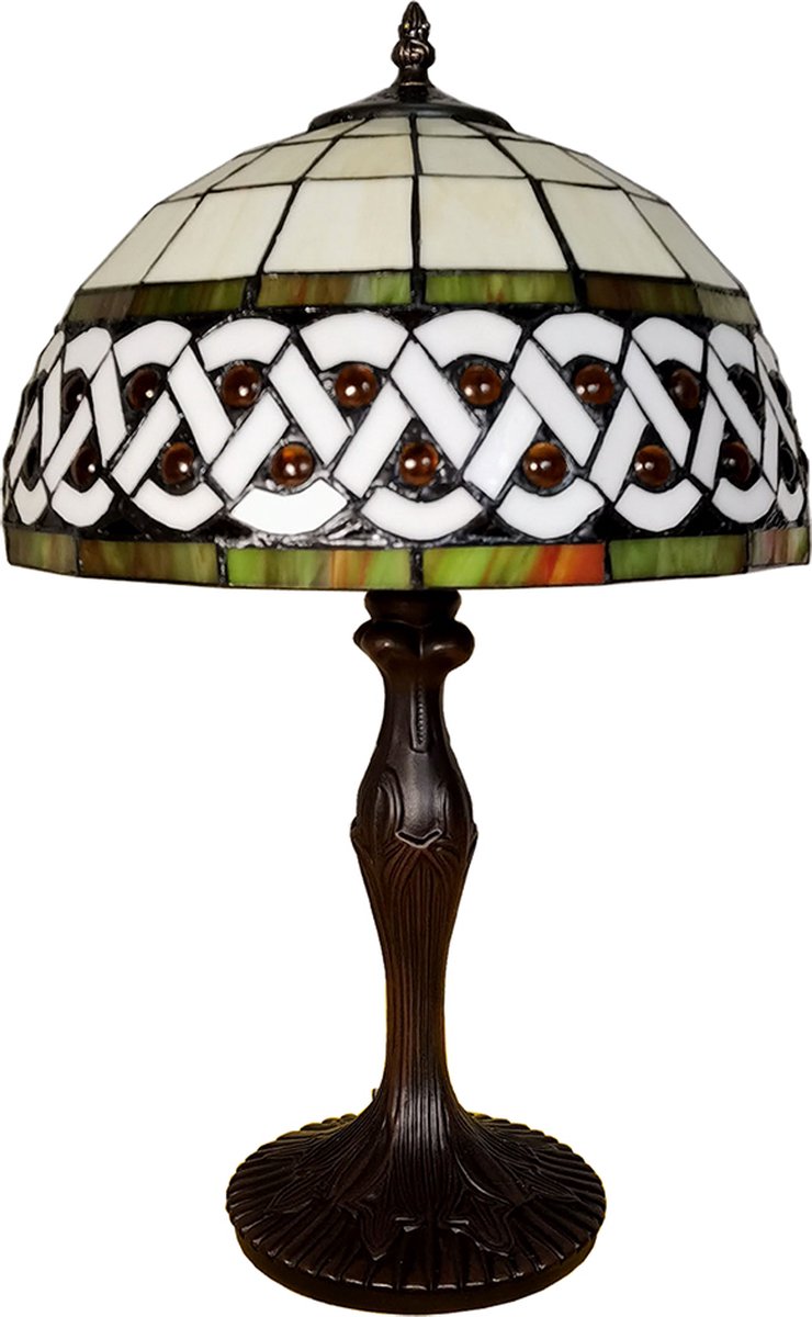 Clayre & Eef Lumilamp Tiffany Tafellamp Ø 31*43 Cm Wit Kunststof Glas Tiffany Bureaulamp Tiffany Lampen Wit Tiffany Bureaulamp