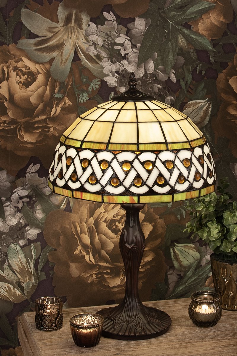 Clayre & Eef Lumilamp Tiffany Tafellamp Ø 31*43 Cm Wit Kunststof Glas Tiffany Bureaulamp Tiffany Lampen Wit Tiffany Bureaulamp