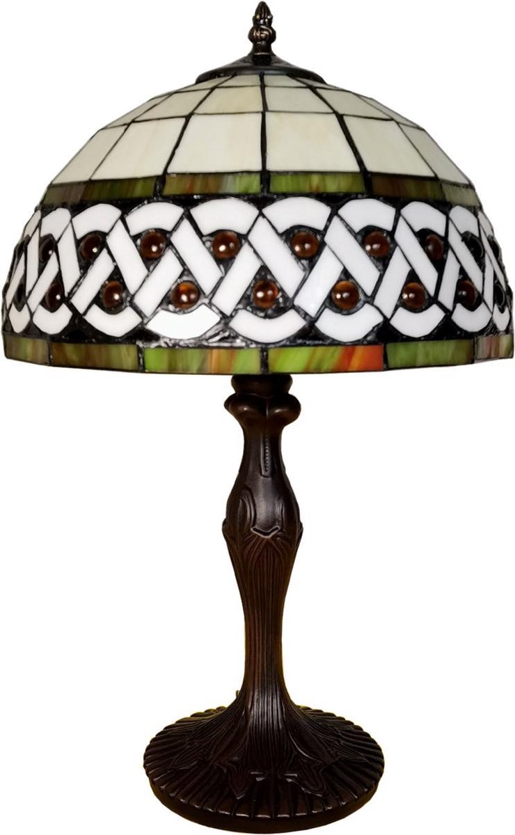 Clayre & Eef Lumilamp Tiffany Tafellamp Ø 31*43 Cm Wit Kunststof Glas Tiffany Bureaulamp Tiffany Lampen Wit Tiffany Bureaulamp