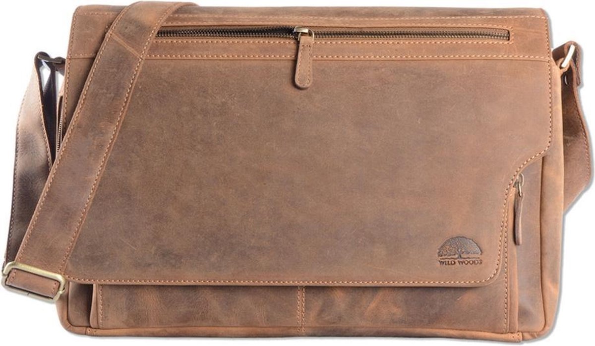 Wild Woods Leren Messenger Schoudertas 15,6 Inch Laptoptas - Unisex - Ronding Uit Flap - Buffelleer - Vintage Licht - Bruin