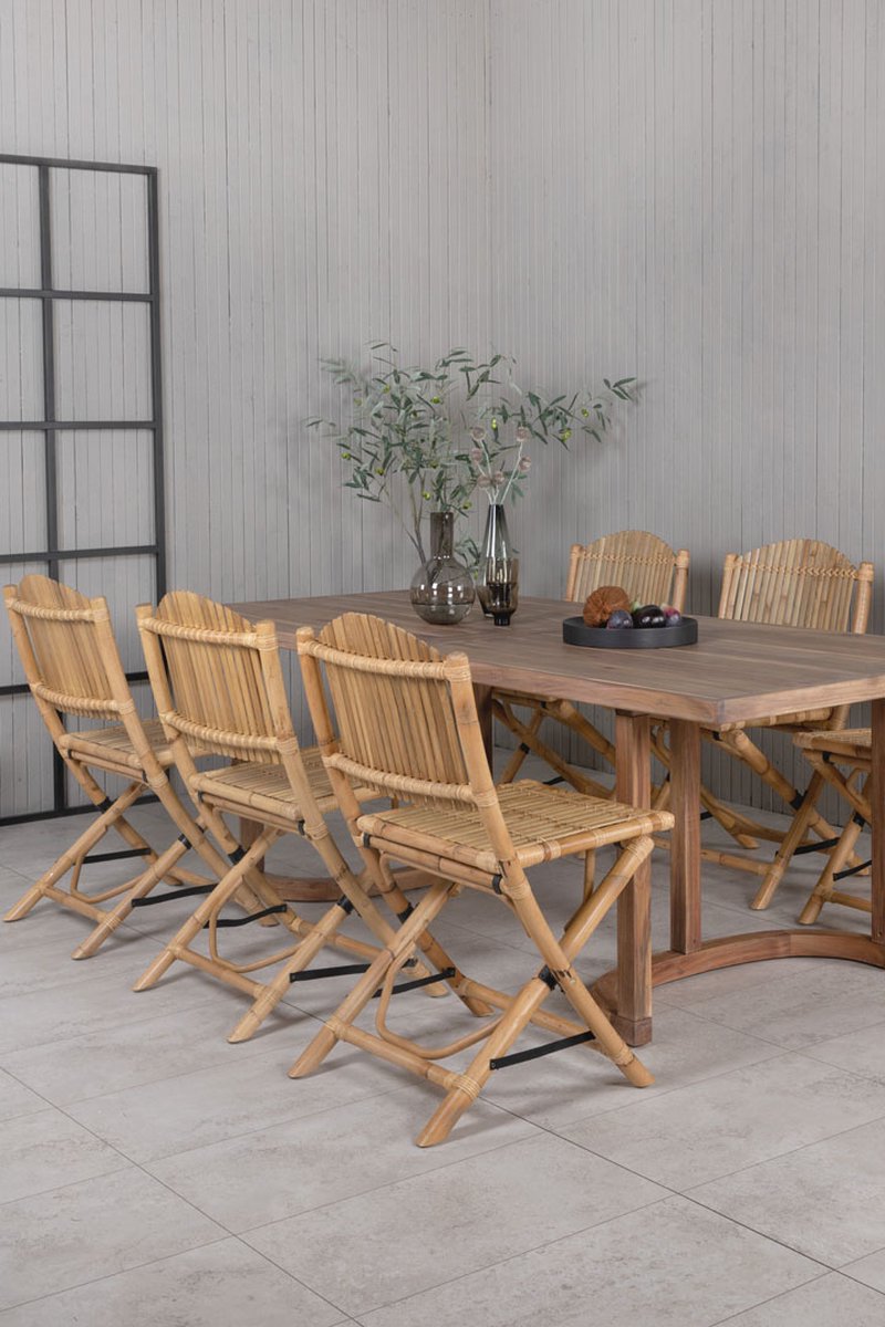 Erica Tuinmeubelset Tafel 100x214cm En 6 Stoel Cane Licht, Naturel. - Grijs