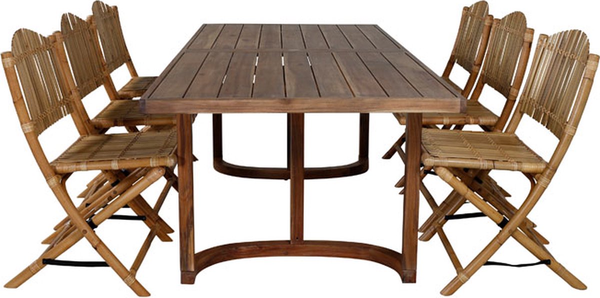 Erica Tuinmeubelset Tafel 100x214cm En 6 Stoel Cane Licht, Naturel. - Grijs