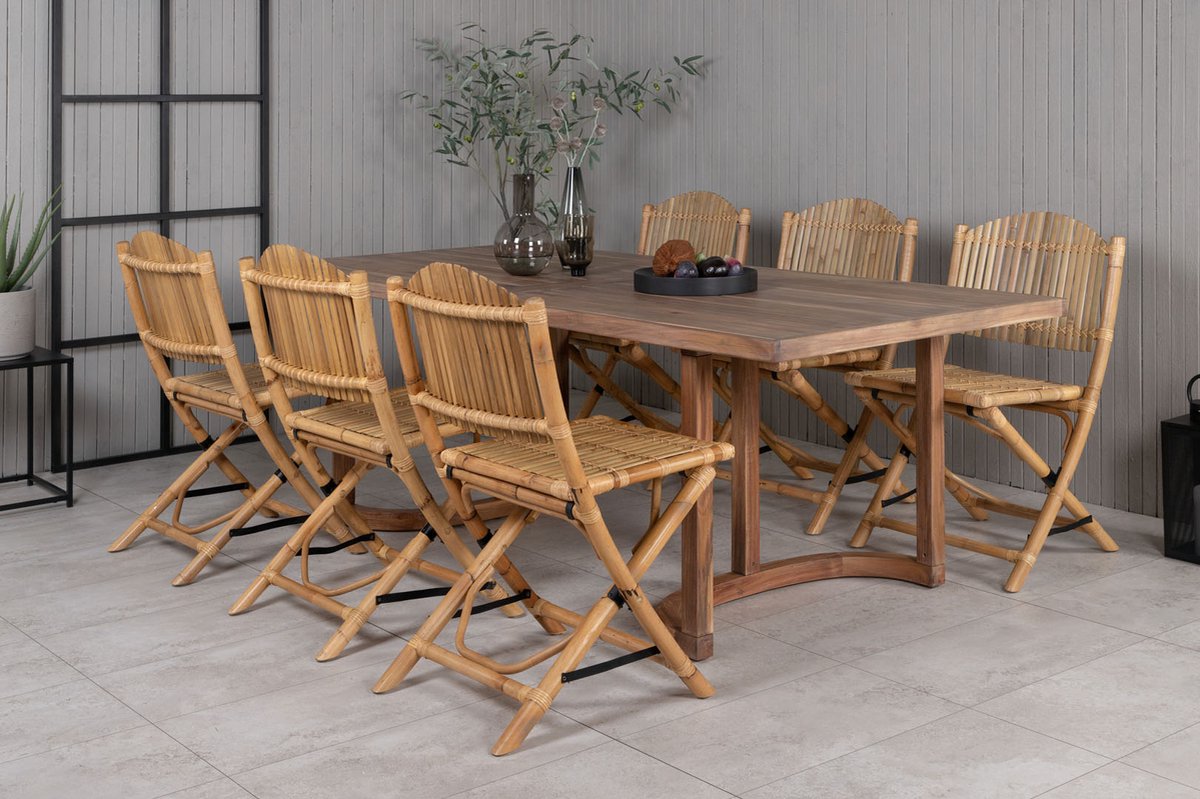 Erica Tuinmeubelset Tafel 100x214cm En 6 Stoel Cane Licht, Naturel. - Grijs
