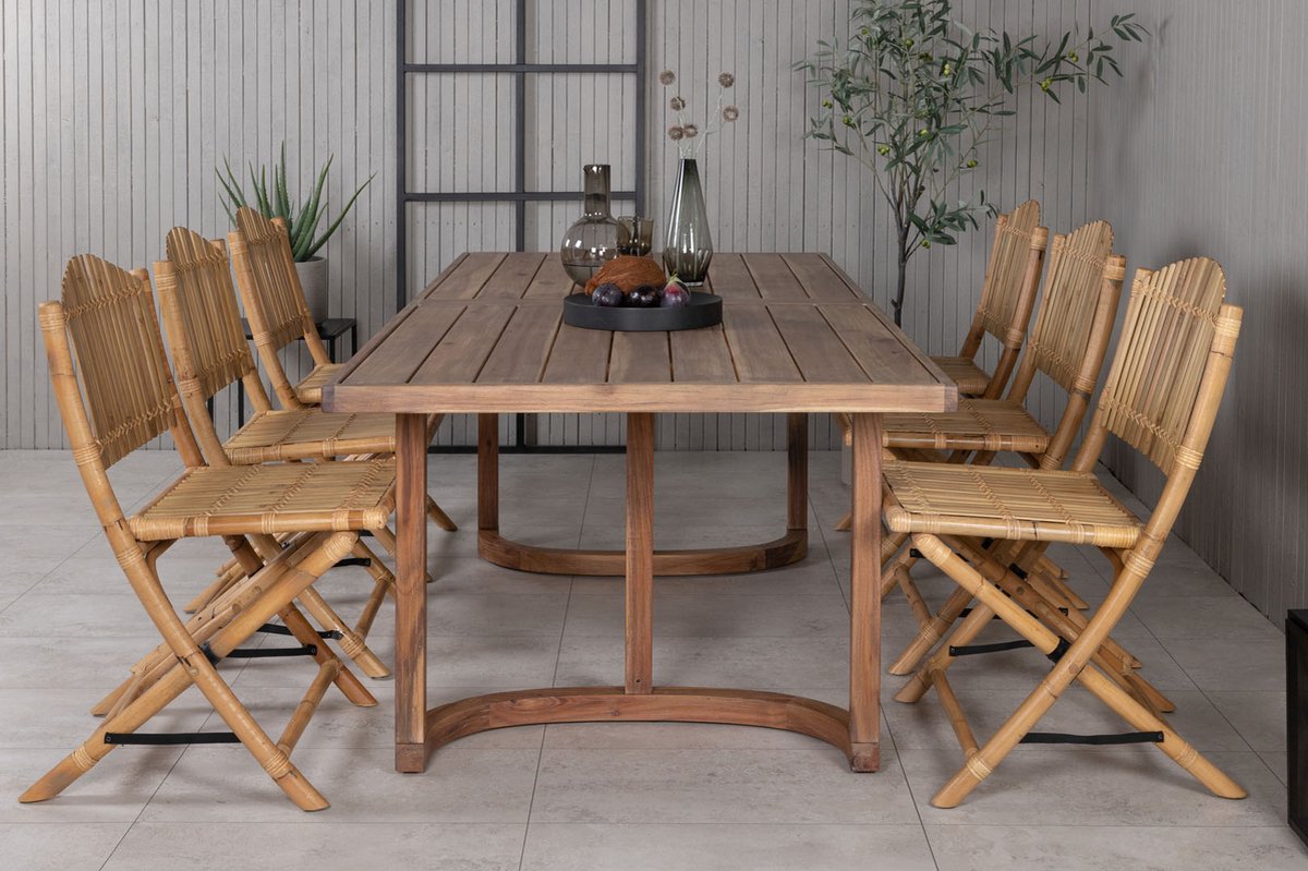 Erica Tuinmeubelset Tafel 100x214cm En 6 Stoel Cane Licht, Naturel. - Grijs