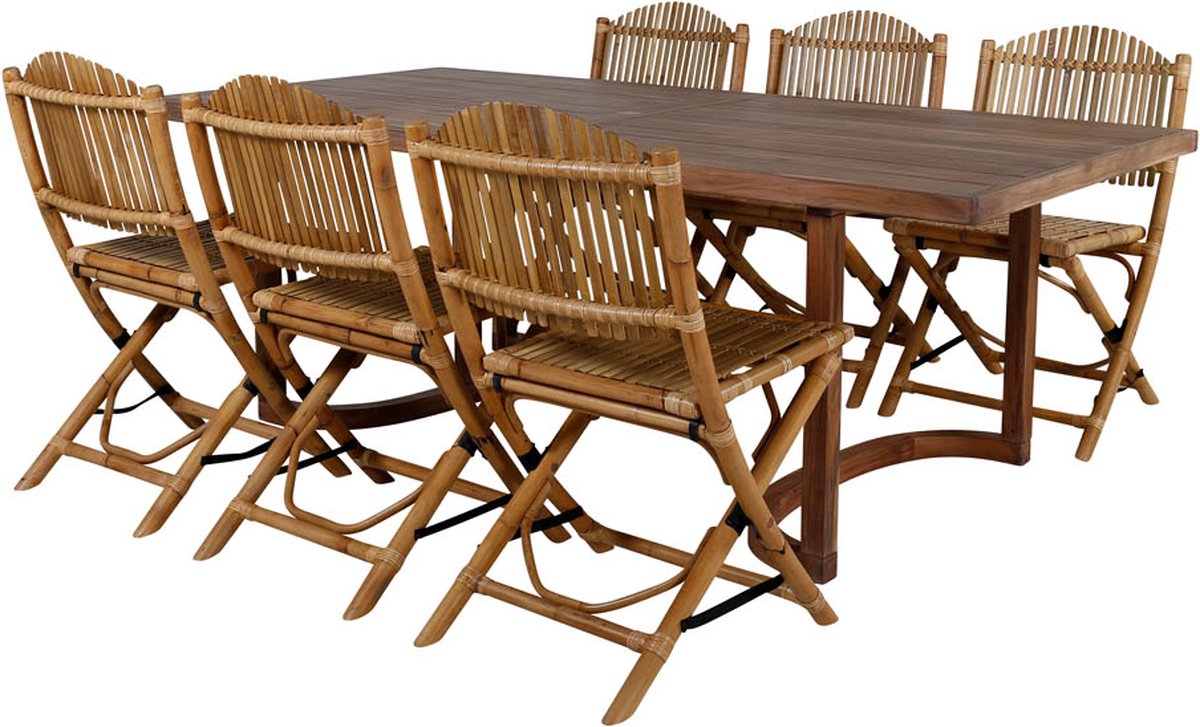 Erica Tuinmeubelset Tafel 100x214cm En 6 Stoel Cane Licht, Naturel. - Grijs