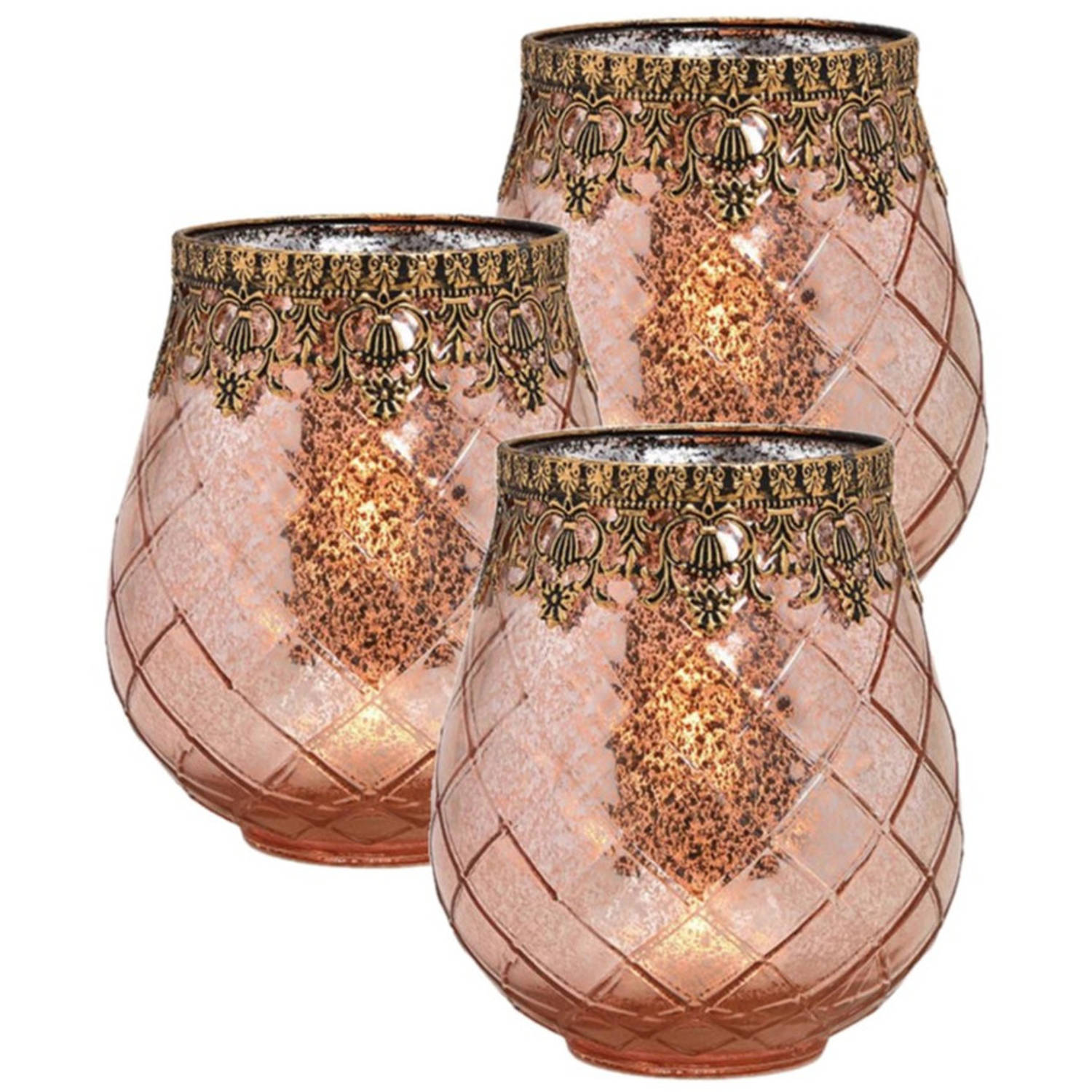 Bellatio Design Set Van 3x Stuks Glazen Design Windlicht/kaarsenhouder Rose Goud 16 X 18 X 16 Cm - Waxinelichtjeshouders - Roze